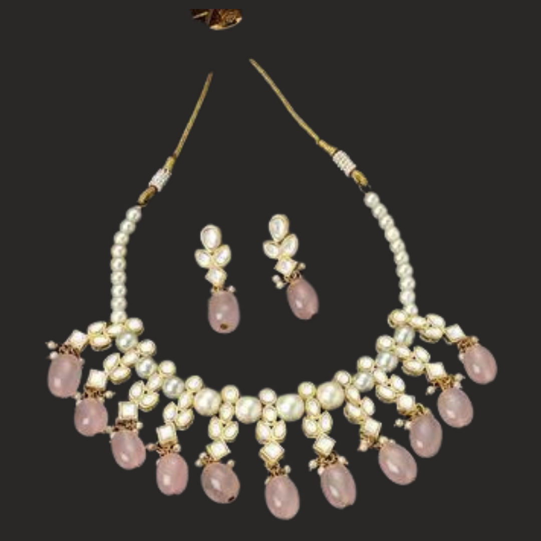 Gold Plated Pink Tumble and Pearl Studded Necklace